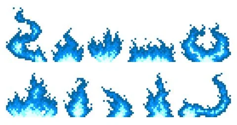 Blue pixel flames. Fire icons, arcade retro game effect, 8 bit video assets Illustrazione stock
