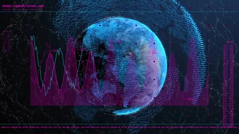 Blue pixel globe appearing rotating white cyan lines rising magenta chart Stock Footage 334724957