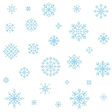 Blue pixel snowflake seamless pattern on white background Stock Illustration