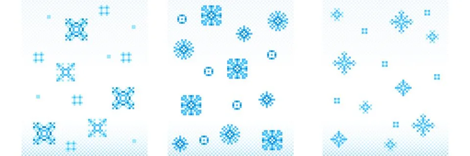 Blue pixel snowflakes on gradient grid background Stockillustratie
