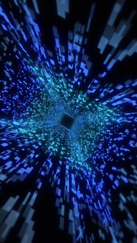 Blue pixel tunnel cube background with flying square blocks, glowing center fram Stock Footage 340552805