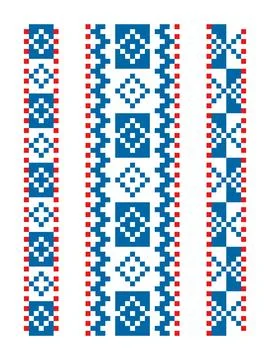 Blue pixel Ukrainian repeat ornaments set Stock Illustration
