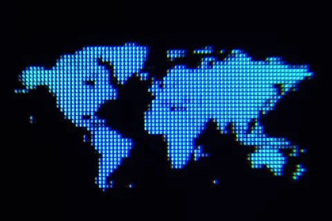 Blue Pixel World Map on Black Background 스톡 일러스트