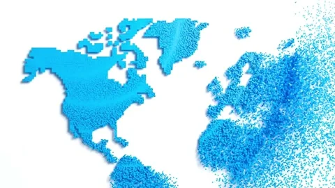 Blue pixelated cubes form world map on white background Stock Footage 333817493