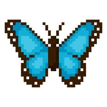 A blue pixelated morpho butterfly in 8-bit style, with blue outstretched wings. Stock Illustration