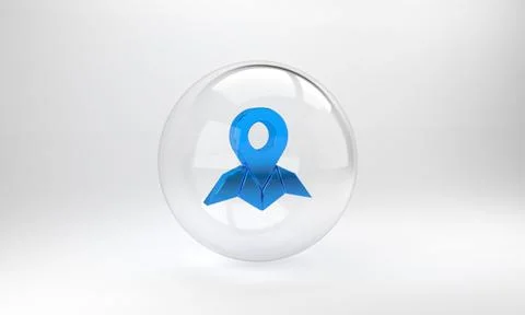 Blue Placeholder on map paper in perspective icon isolated on grey background Stock Illustration