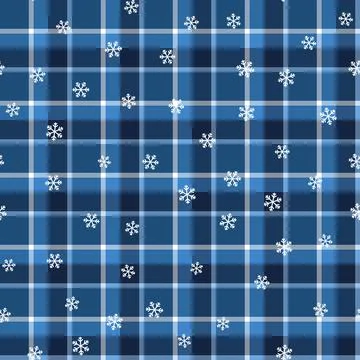 Blue plaid seamless pattern with white snowflakes, winter tartan check texture Stock Illustration