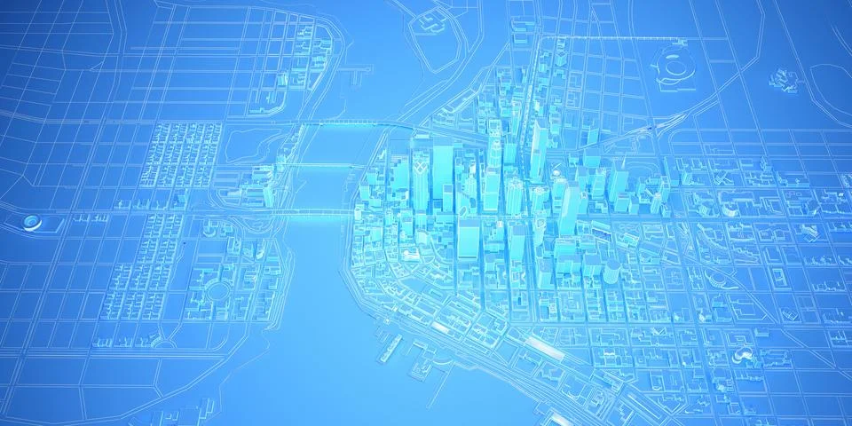 Blue plain low poly modern downtown with river above view Stock Illustration