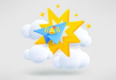 Blue plane with star flash and ringing bell. Breaking news concept. 3d vect.. Stock Illustration