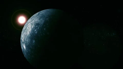Blue planet in deep space with a bright sun and dark starry background Vidéo 340389445