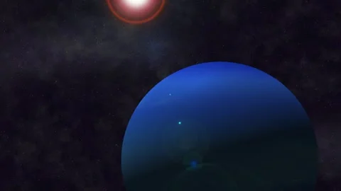 Blue planet in deep space with stars and bright sun flare above Stock Footage 340390194