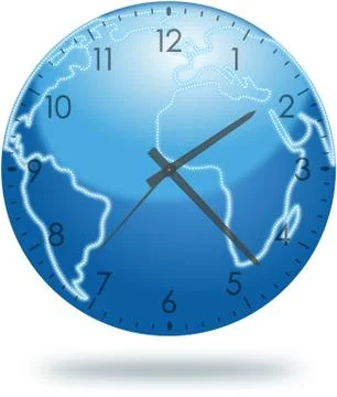 Blue planet Earth with clock face isolated on white Illustrazione stock
