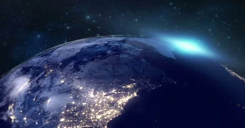 Blue planet earth from space showing europe continent at night, globe world Stock Footage