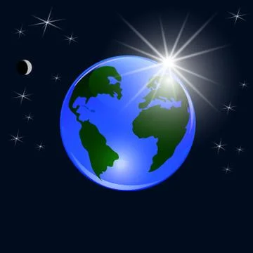 Blue planet earth. View from space to the ground and the rising sun. Styliz.. Stock Illustration