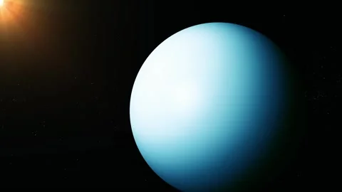 Blue planet floating in dark space with a bright sun flare and starry backg.. Видео 340388207