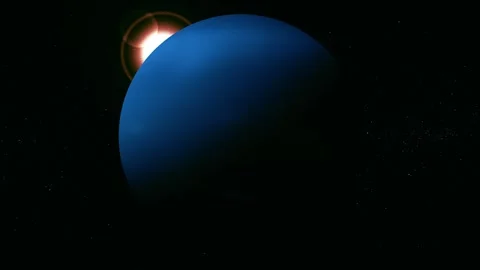 Blue planet or moon in deep space with bright sun flare and starry background Stock Footage 340382770