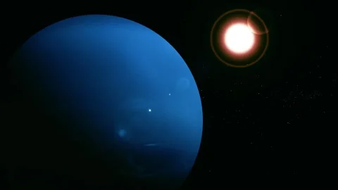 Blue planet in outer space with bright sun and lens flare on a dark starry .. Stock Footage 340390008