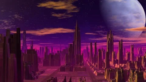 Blue planet over the fantastic city Stock Footage