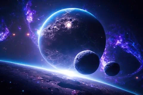 A blue planet with three moons, partly lit by a sunrise, covered with purpl.. Stock Illustration