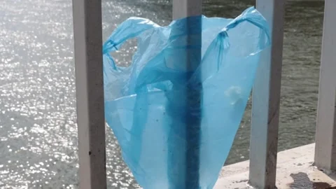 Blue Plastic bag hanging on the railing of Elisabeth bridge over Donau rive.. Video stock 277682878