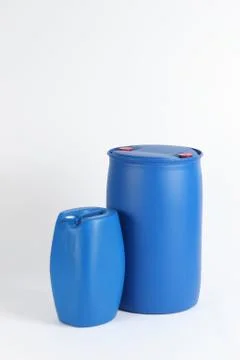 Blue plastic barrel, container isolated on white background Foto stock