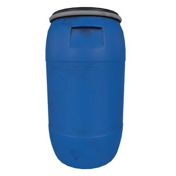 Blue plastic barrel designed for storage and transportation of various mate.. Stock Photos
