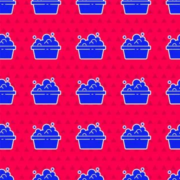 Blue Plastic basin with soap suds icon isolated seamless pattern on red Stock Illustration