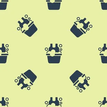 Blue Plastic basin with soap suds icon isolated seamless pattern on yellow Stock Illustration
