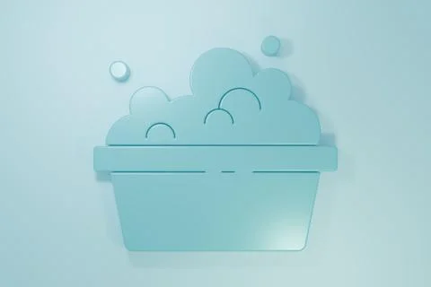 Blue Plastic basin with soap suds icon isolated on blue background. Bowl wi.. Stock Illustration