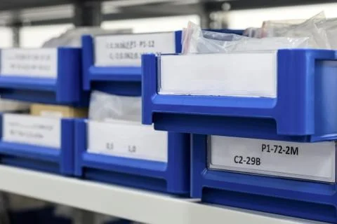Blue plastic boxes placed in shelves. Stock Photos