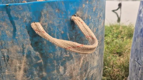Blue Plastic Container With Handmade Jute Rope Handle Close Up Shot Vidéo 342208934