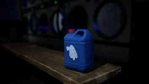 A blue plastic container with a white logo on it Stock Footage 273731461