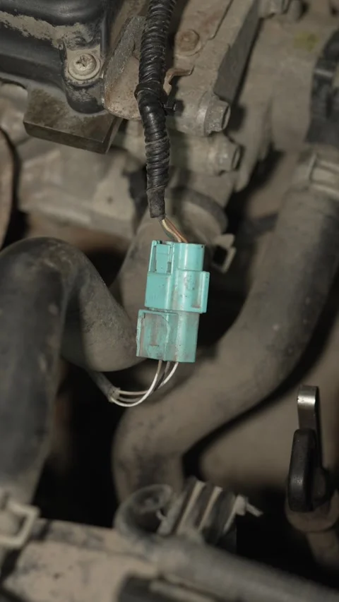 A blue plastic electrical connector plug inside car engine bay. 库存影片 342259822