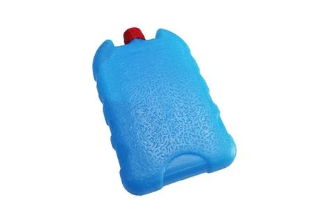 Blue plastic ice pack containers with red caps isolated on a white background Stock Photos