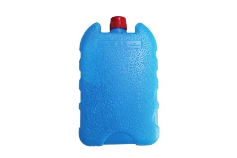 Blue plastic ice pack containers with red caps isolated on white Stock Photos