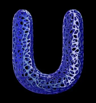 Blue plastic letter U with abstract holes. 3d Stock Illustration