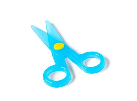 Blue plastic safety scissors on white background Stock Photos