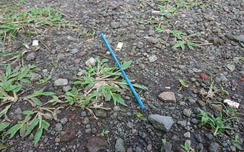 Blue Plastic Straw in the Ground Stock Photos