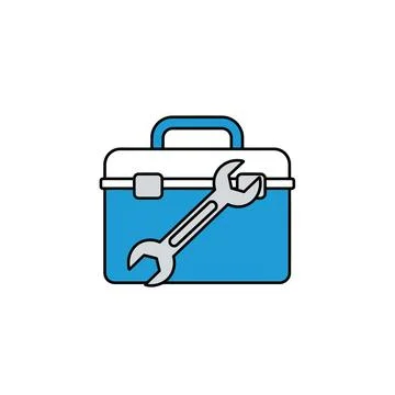 Blue plastic toolbox icon with silver wrench repair maintenance symbol Stock Illustration