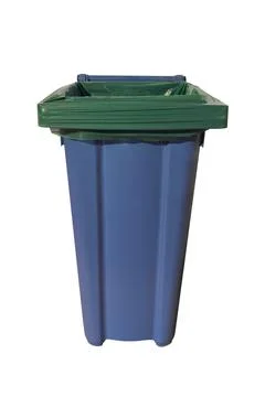 Blue plastic trash container with wheels isolated on white background Stock Photos