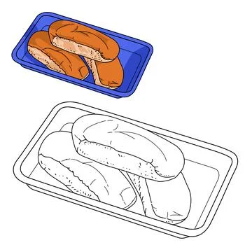 A blue plastic tray container with two bread on it coloring page. Pastry meal ob 스톡 일러스트