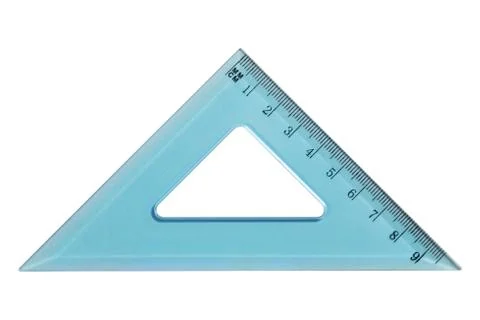 Blue plastic triangle ruler isolated on white Foto stock