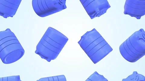 Blue Plastic Water Tanks Falling on a Light Blue Background. Water Storage. 4K Stock Footage 305304103