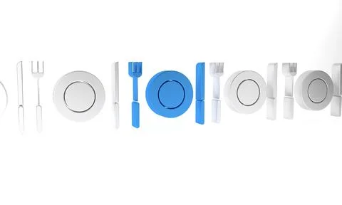 Blue Plate, fork and knife icon isolated on white background. Cutlery symbo.. Illustrazione stock