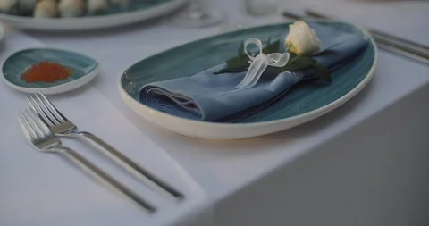 Blue plate with rose on  festive table with snacks and flowers in nature Stock Footage 123784911
