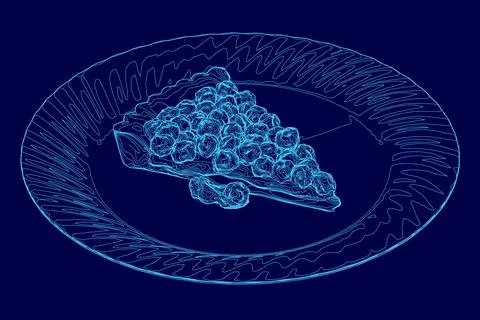 Blue plate with a slice of pizza on it. The pizza is topped with cheese and Stock Illustration