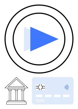 Blue play button in circular frame, outlined bank building, contactless credi Illustrazione stock