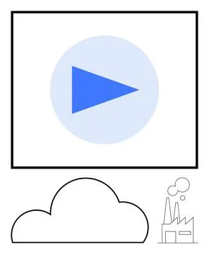 Blue play button inside a film frame, large cloud, and small factory with smo Stock Illustration
