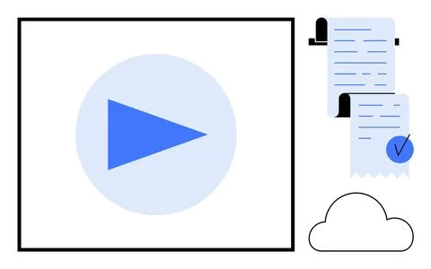 A blue play button inside a square, documents with a check mark, and a cloud  Stock Illustration