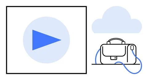 Blue play button inside a white square, a cloud icon, and a briefcase connect Stock Illustration